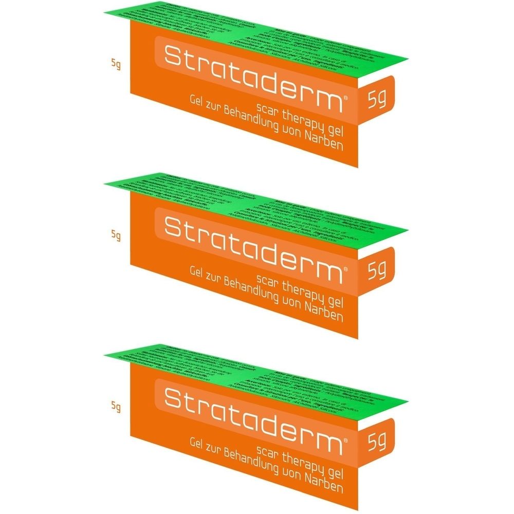 Drie verpakkingen Strataderm littekengel. Oranje verpakking met groene deksel. Opschrift: 5g, Gel voor de behandeling van littekens.
