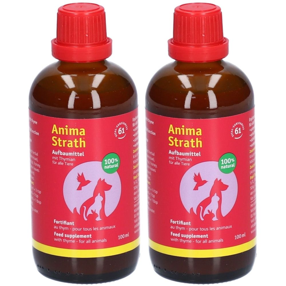 Twee bruine flessen met rode dop. Het etiket toont "Anima Strath" en "100% natural". 