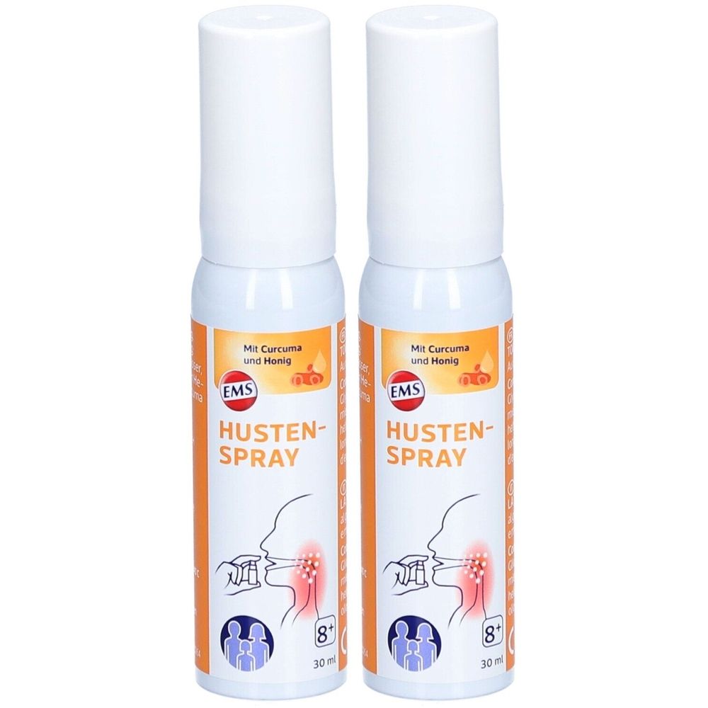 Twee witte spuitflessen met oranje etiketten. Opschrift: HUSTEN-SPRAY, EMS-logo, tekst met Curcuma en Honing. Illustratie van een keeltoepassing.