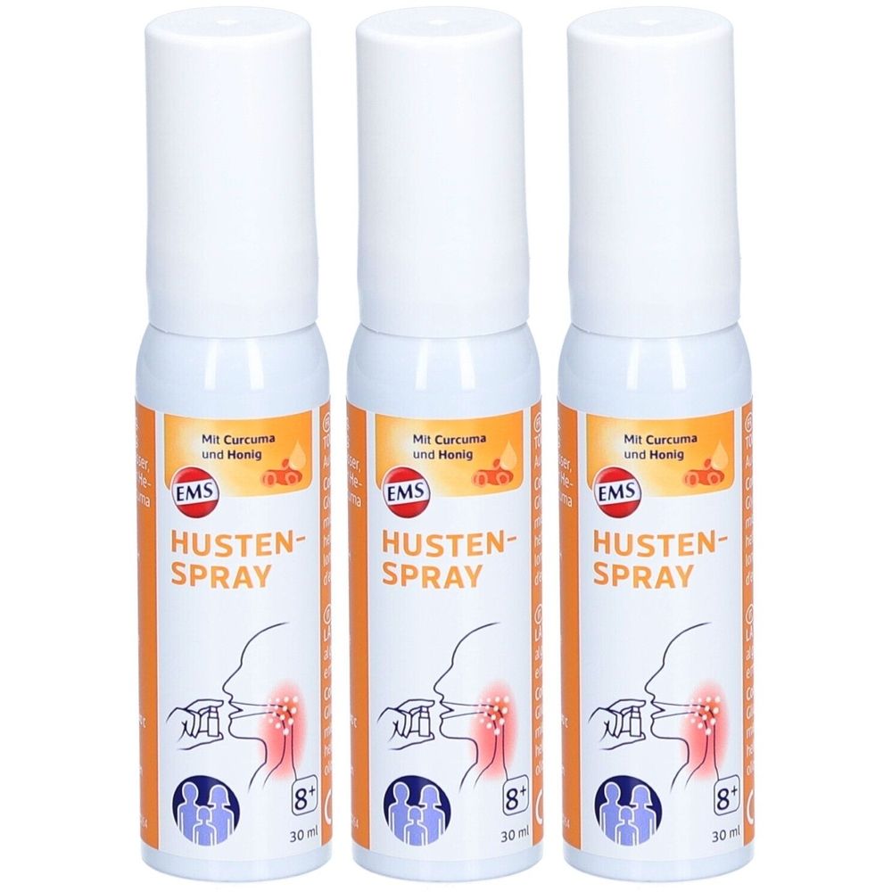 Drie hoestsprays met witte dop en oranje etiket. Tekst: HUSTEN-SPRAY, EMS, Mit Curcuma und Honig.