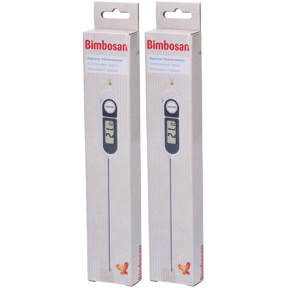 Twee thermometers in verpakking. Digitale temperatuurweergave. Merk: Bimbosan.