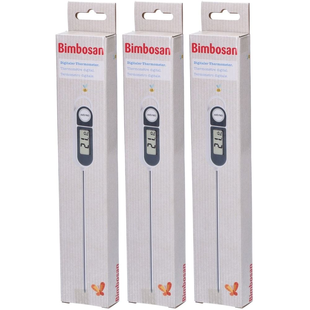 Trois thermomètres dans leur emballage. Affichage numérique de la température. Marque Bimbosan. Emballage avec crochet.
