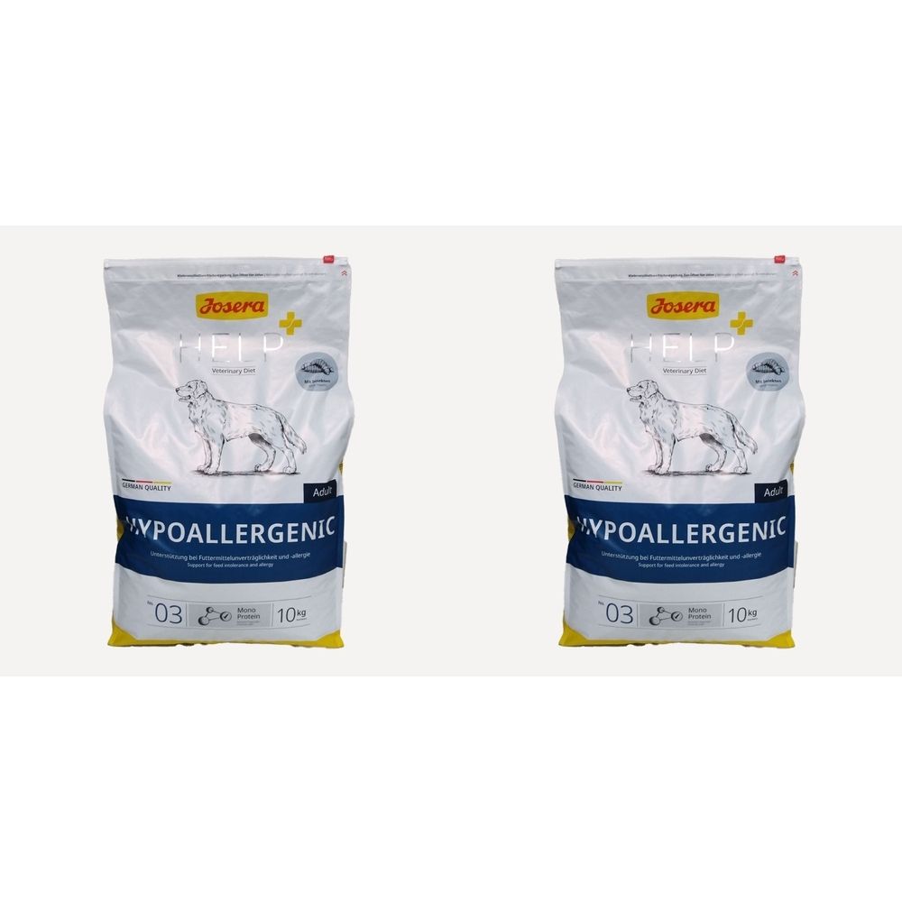 Twee zakken hondenvoer. Opschrift: JOSERA Help+ Diätfuttermittel, Hypoallergen. Afbeelding van een hond.