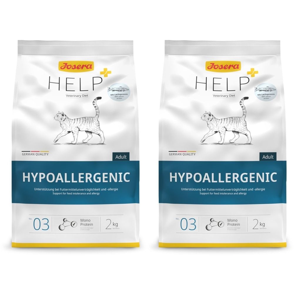 Deux paquets d'aliments pour chats. Inscription: JOSERA HELP, Hypoallergénique, Adult. Image de chat. 2 kg.