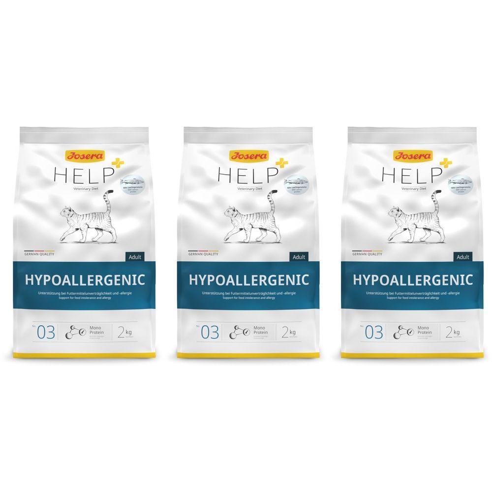 Drie zakken diervoeding. Wit met blauwe streep. Opschrift: HELP, HYPOALLERGENIC. Afbeelding van een kat. 2 kg.