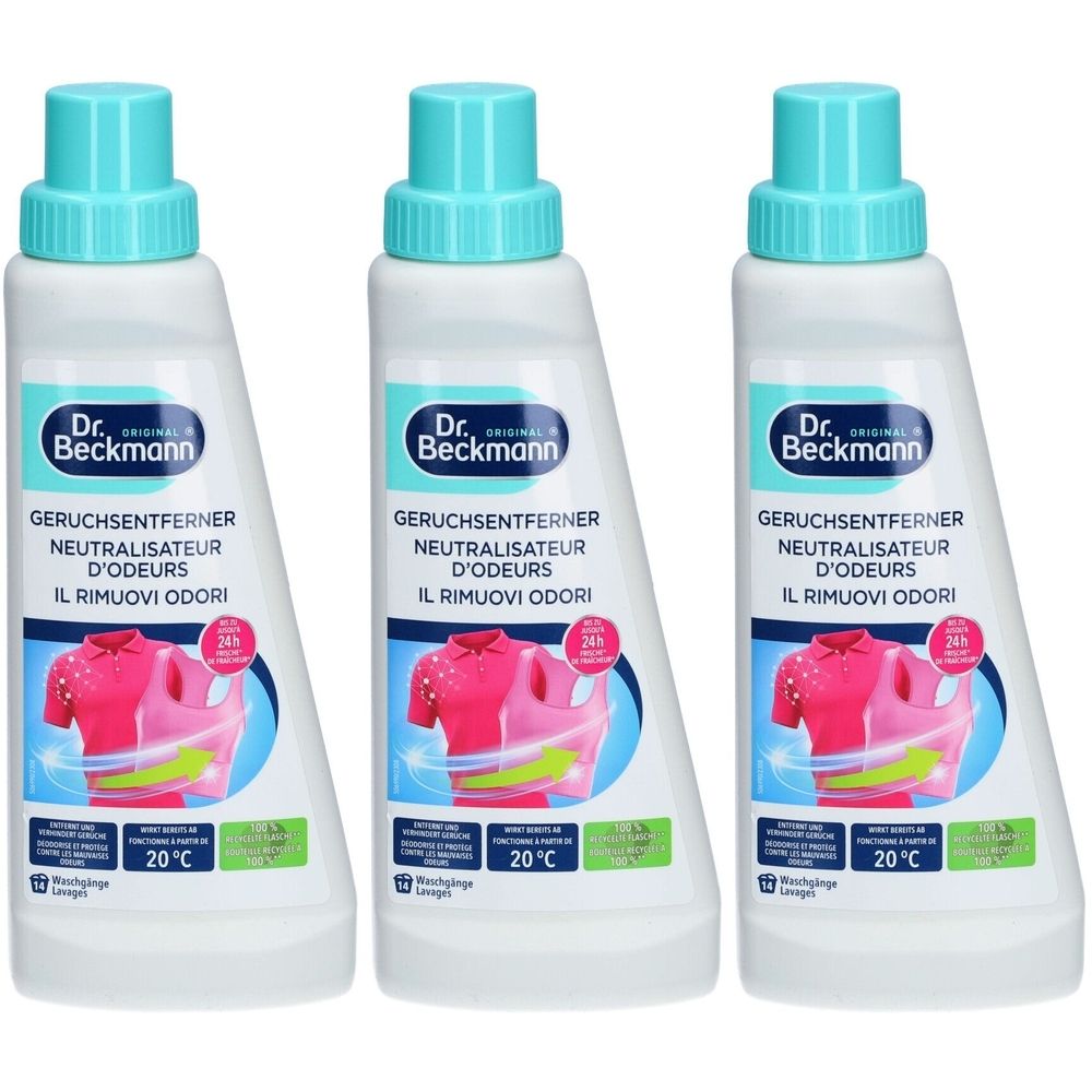 Drie flessen Dr. Beckmann. Witte flessen met turquoise doppen. Tekst: Geruchsentferner, Neutralisateur d'odeurs, Il rimuovi odori.