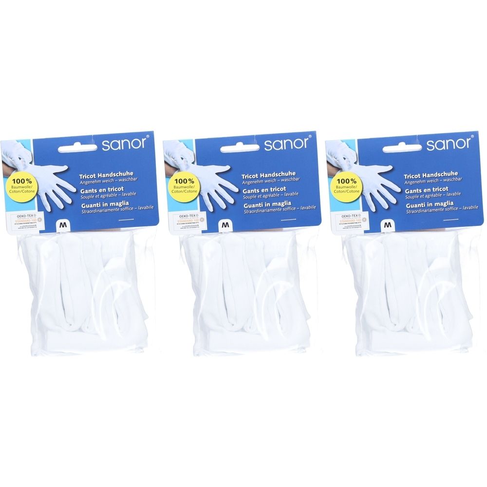 Trois paquets de gants en tricot. Chaque paquet contient des gants blancs emballés dans du plastique. Le nom "sanor" est visible.