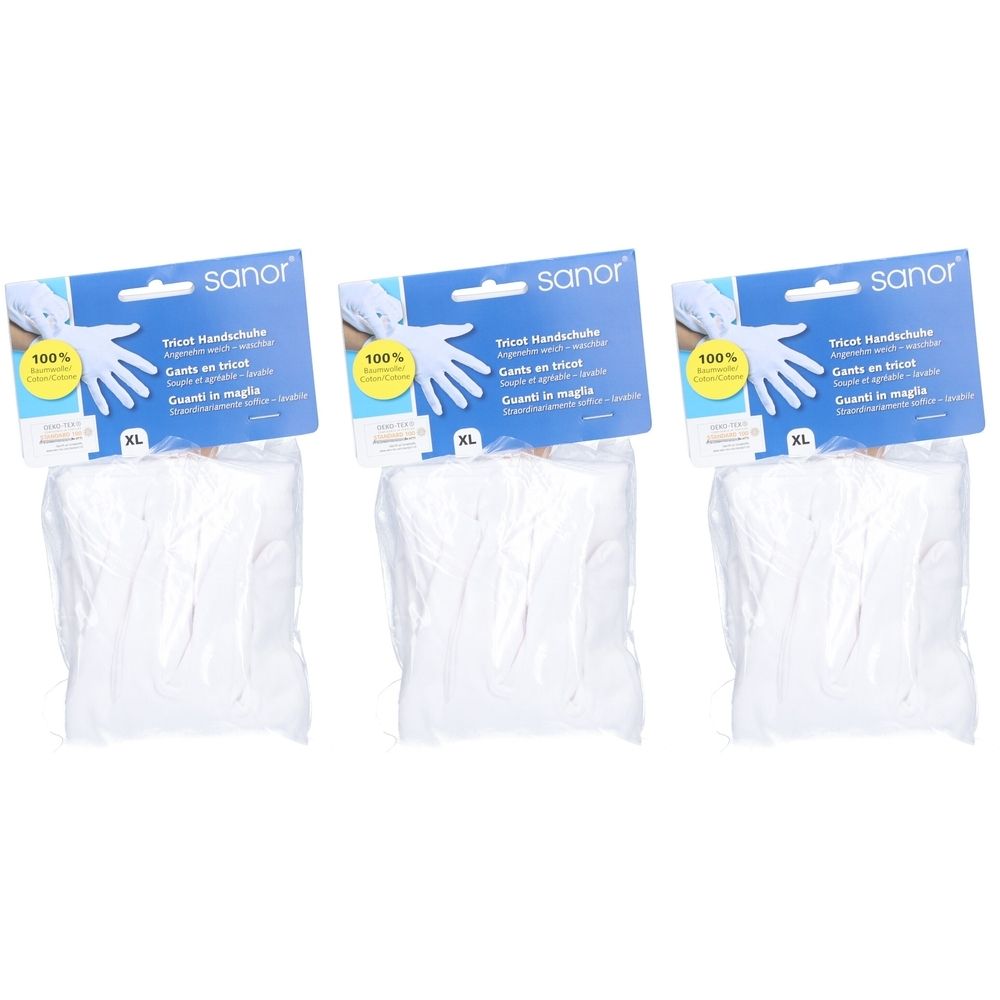 Trois paquets de gants en tricot XL, emballés dans du plastique. Le nom de la marque SANOR est visible sur chaque paquet.