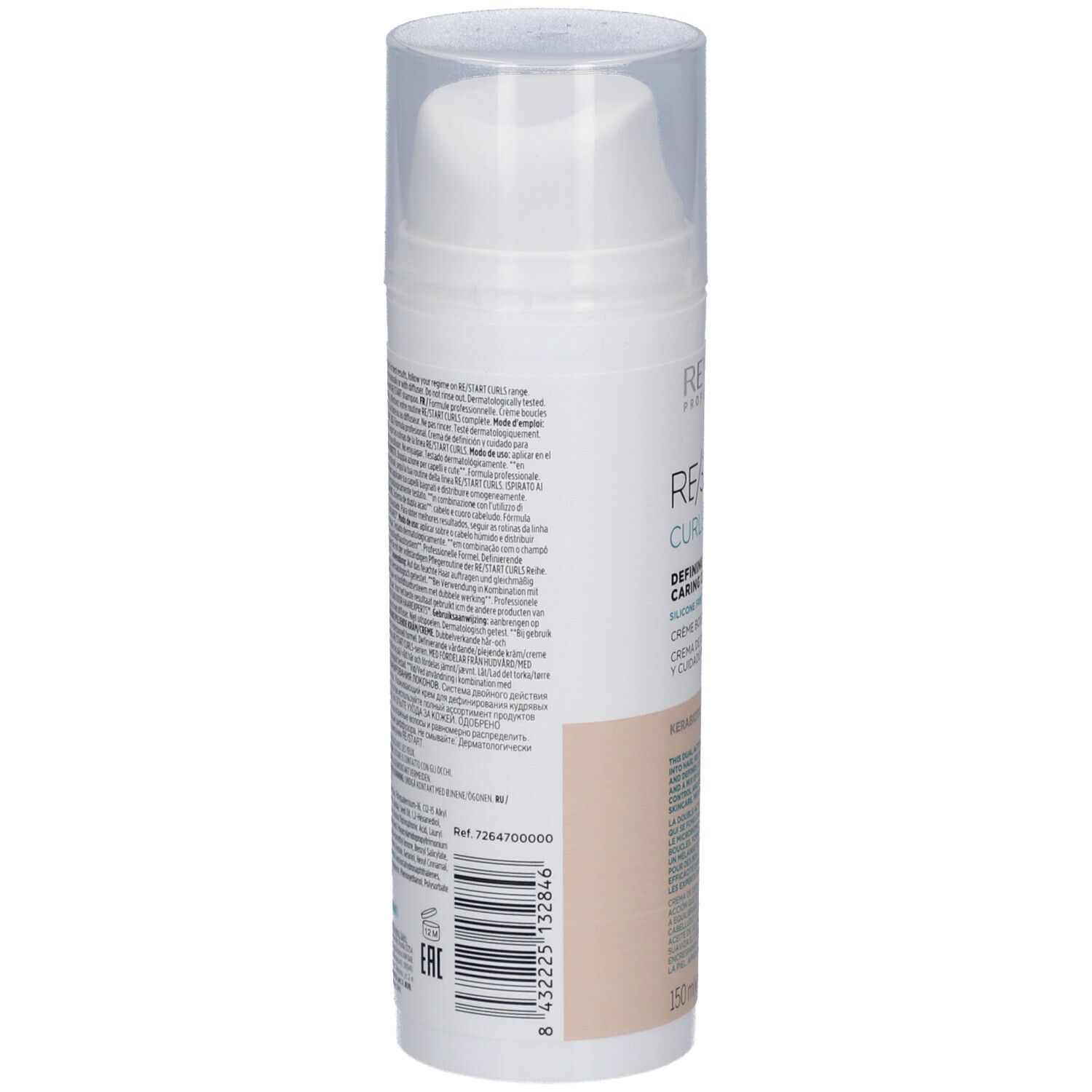 Witte dispenser met tekst. Achterkant met tekst. 150ml/5 FL.OZ. Transparante dop. Beige gedeelte.