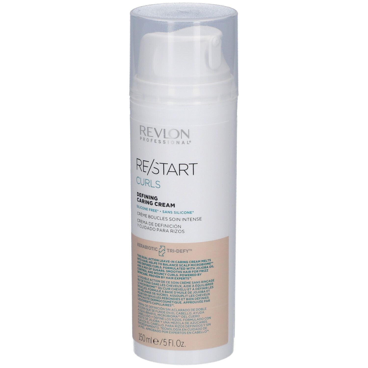 Witte dispenser RE/START CURLS. Defining Caring Cream, 150ml/5 FL.OZ. Transparante dop. Beige gedeelte.