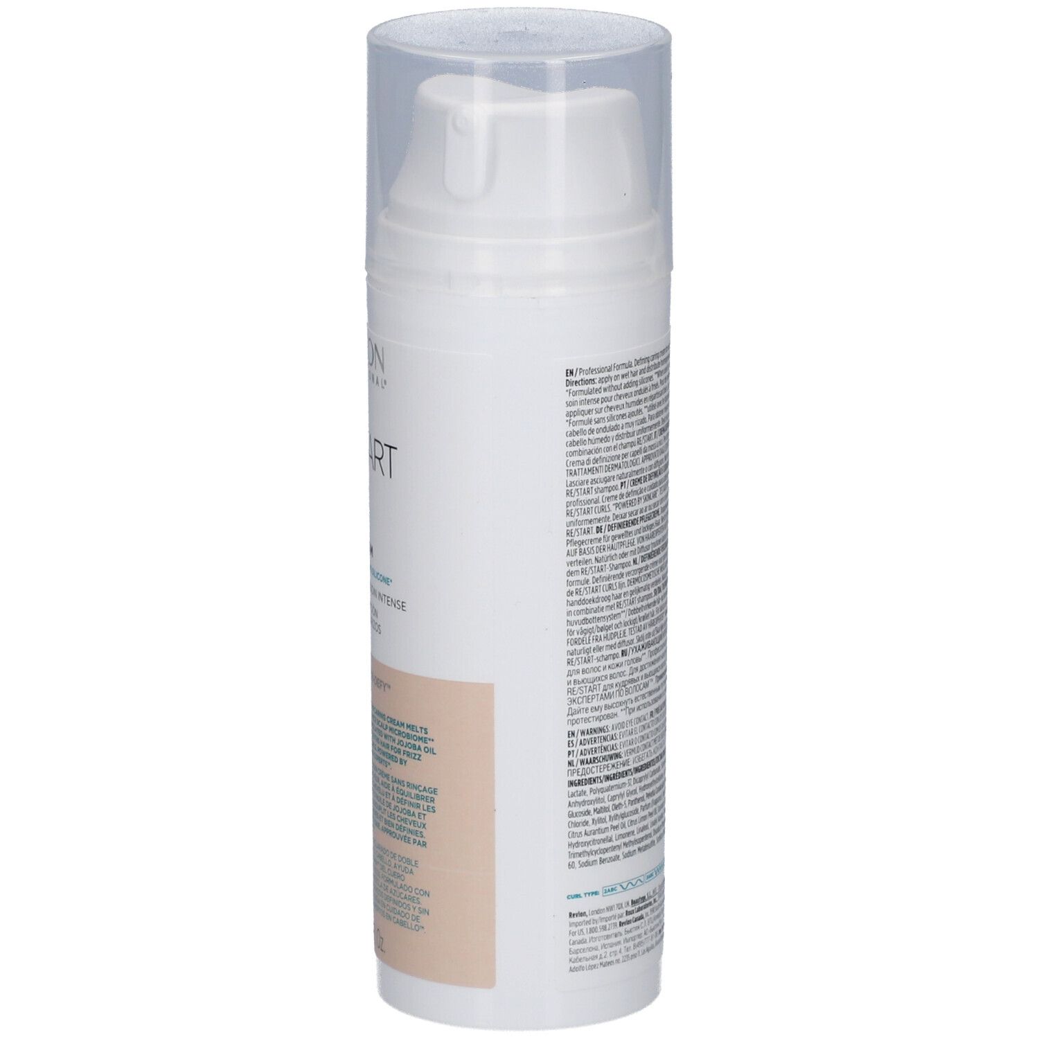 Witte dispenser met tekst. Achterkant met tekst. Transparante dop. Beige gedeelte.