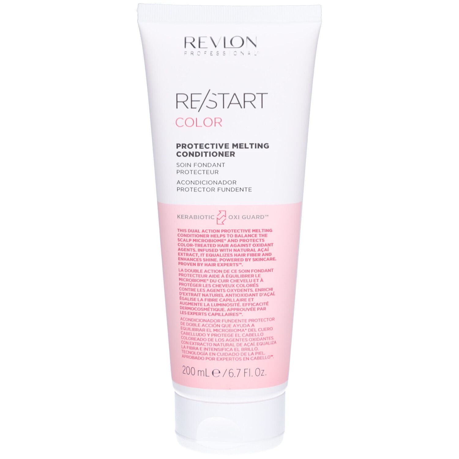 Tube souple Revlon Re-Start Color Protective Melting Conditioner. Accent rose, texte. 200 ml.