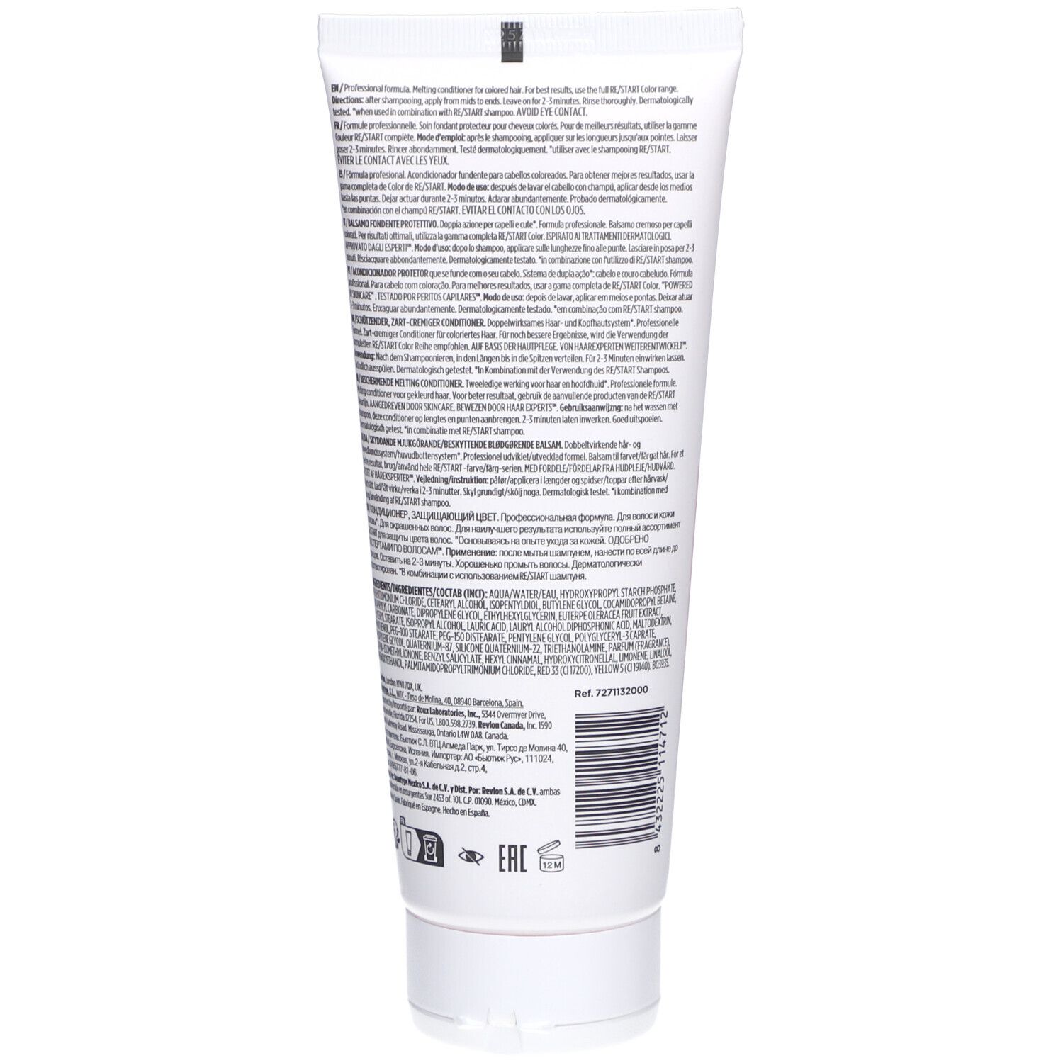 Dos du tube Revlon Re-Start Color Protective Melting Conditioner. Texte, code-barres, blanc.