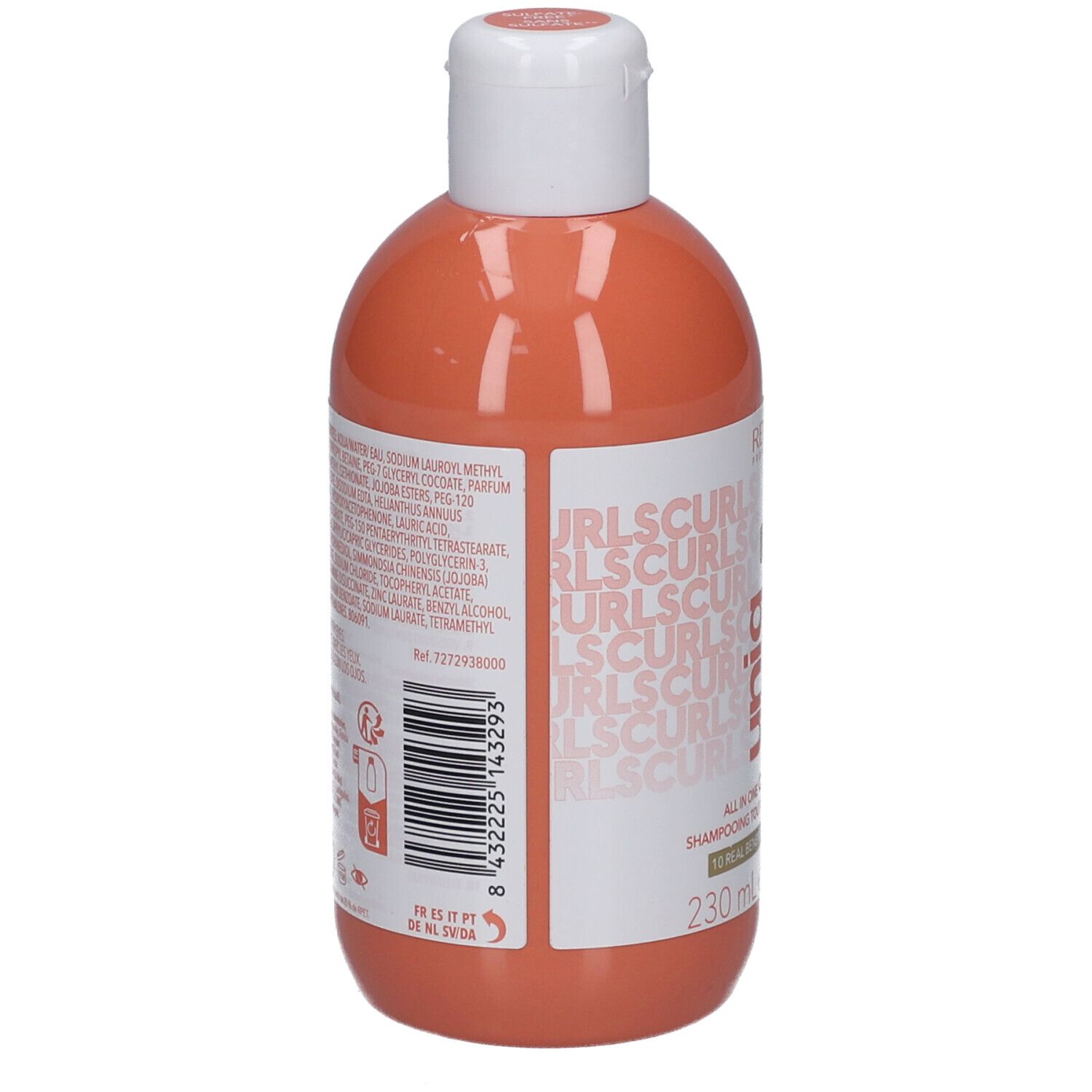 Dos d'un flacon orange avec bouchon blanc. Texte et code-barres. Contient ingrédients et informations fabricant.
