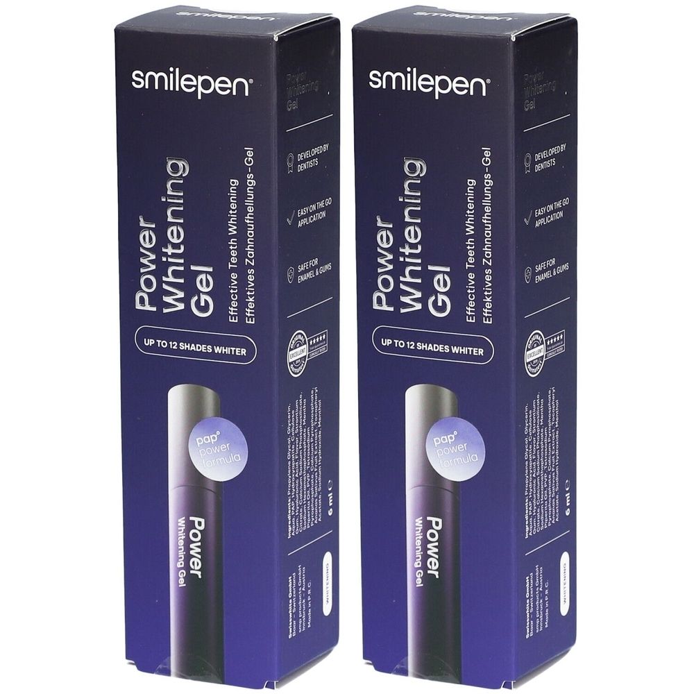 Twee dozen Smilepen Power Whitening Gel. Opschrift: Power Whitening Gel, tot 12 tinten witter. 6 ml.