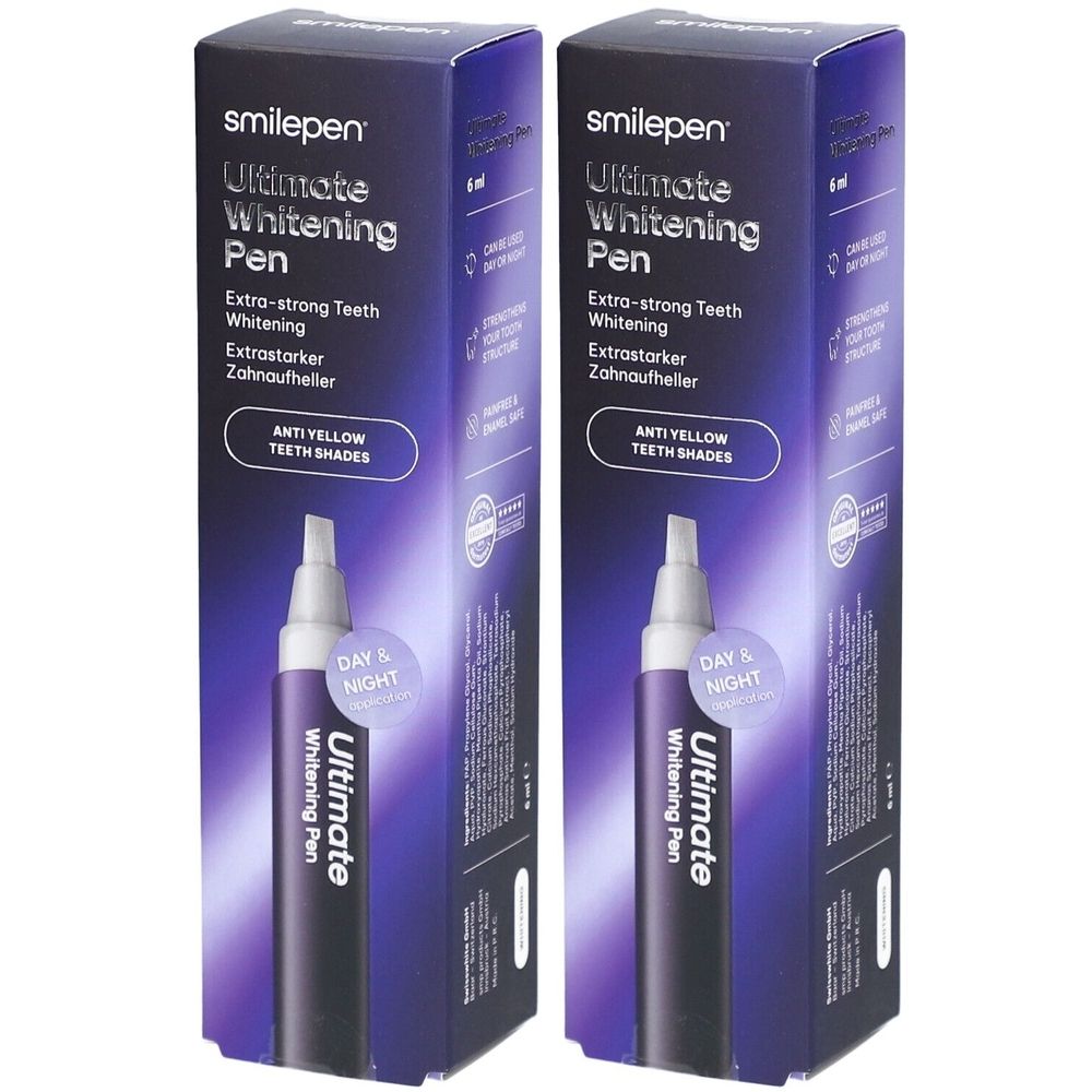 Deux boîtes de "smilepen Ultimate Whitening Pen". Inscription: Blanchiment des dents extra-fort. Contient un stylo et une boîte.