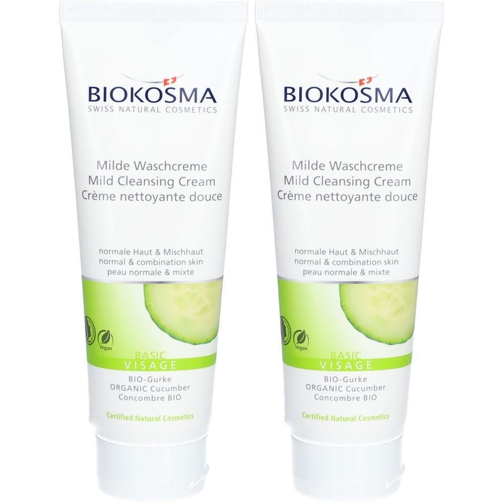 Twee tubes BIOKOSMA wascrème. Wit, met groene accenten. Opschrift: Milde Waschcreme, BIO-Gurke, vegan. Gecertificeerd.