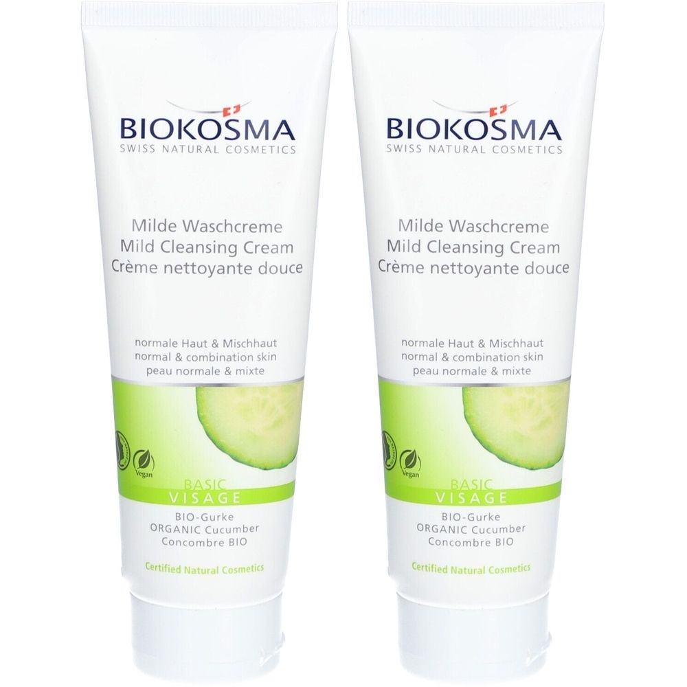 Deux tubes de crème lavante BIOKOSMA. Blanc, accents verts. Inscription : Milde Waschcreme, BIO-Gurke, vegan. Certifié.