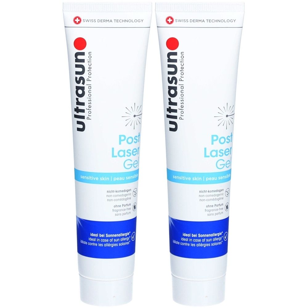 Twee tubes gel. Wit, met blauwe en rode tekst. Opschrift: ultrasun, Post Laser Gel. Ideaal bij zonneallergie.