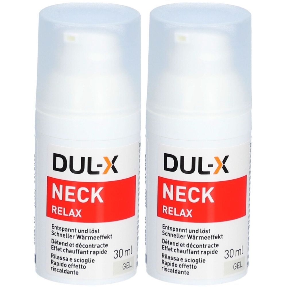 Twee witte flessen met doppen. Opschrift: DUL-X NECK RELAX, 30ml Gel. Tekst in het Duits, Frans, Italiaans en Engels.