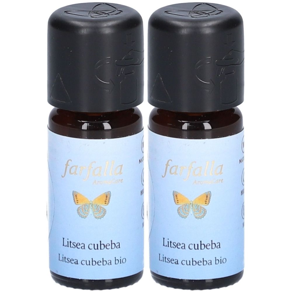 Twee bruine glazen flessen met zwarte doppen. De etiketten tonen "farfalla Aromapflege" en "Litsea cubeba bio".