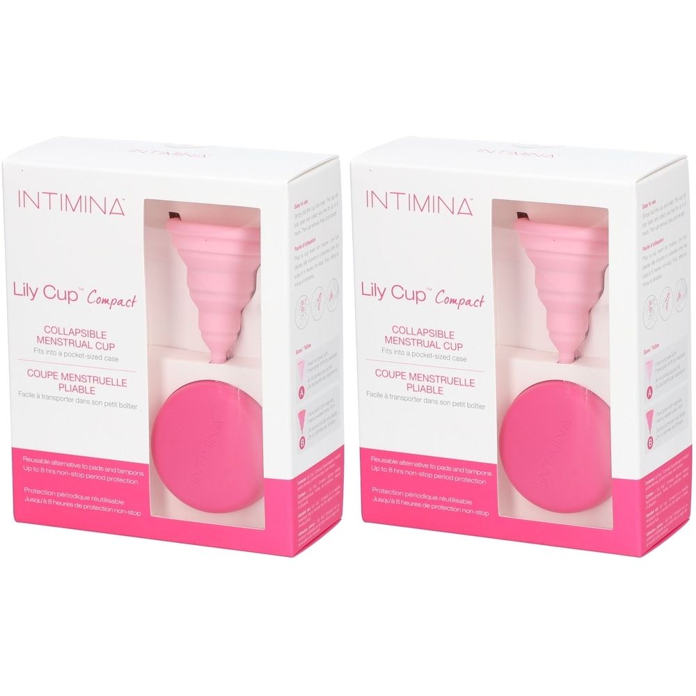 Deux boîtes de coupes menstruelles roses. Chaque boîte présente une coupe pliable et un étui rond. Texte: Intimina Lily Cup Compact.