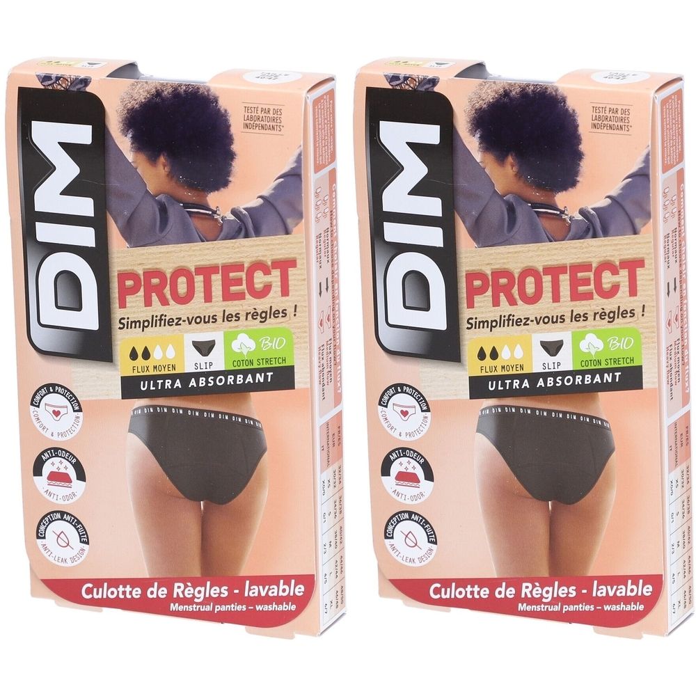 Deux boîtes de culottes menstruelles. Inscription: DIM PROTECT, ultra absorbant. Culotte noire représentée.