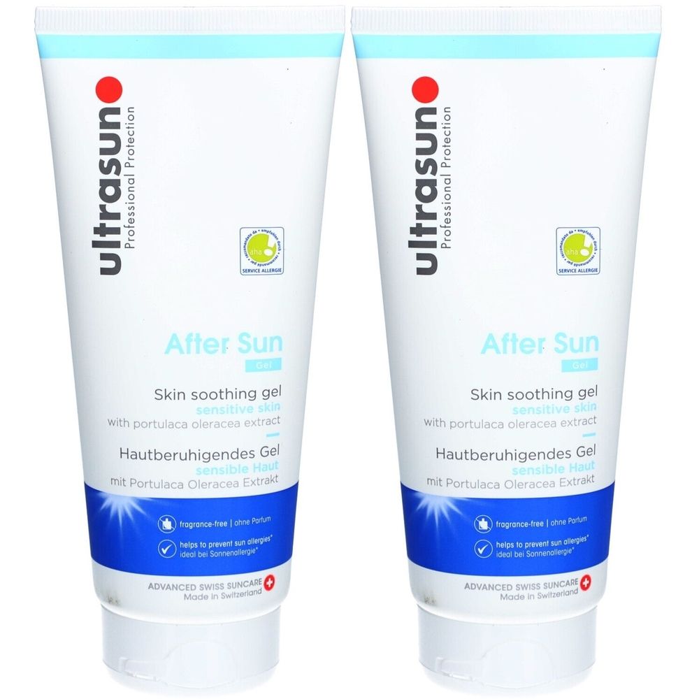 Deux tubes de gel après-soleil. Blanc, avec texte bleu et rouge. Marque : ultrasun. Texte : Skin soothing gel, peau sensible.