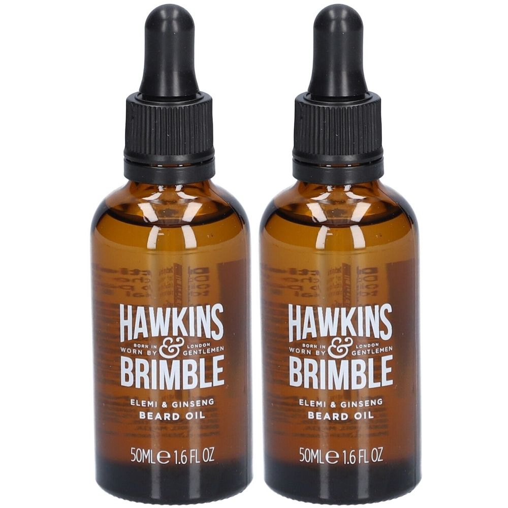 Deux flacons d'huile à barbe. Flacons en verre brun avec pipettes noires. Inscription : HAWKINS & BRIMBLE, ELEMI & GINSENG BEARD OIL.