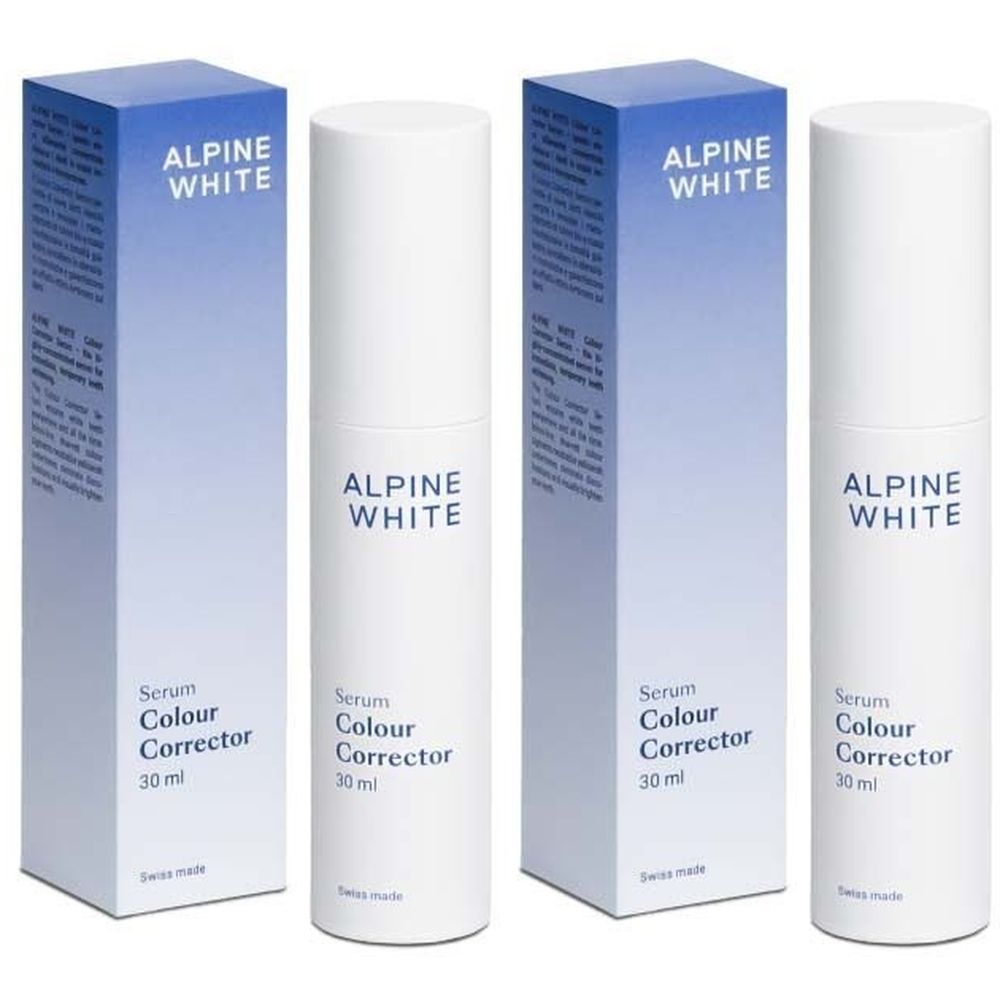 Drie flessen en twee dozen. Opschrift: ALPINE WHITE, Serum Colour Corrector, 30 ml. Swiss made.