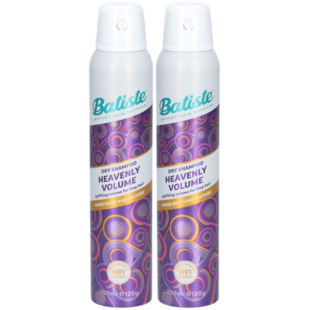 Deux flacons de shampooing sec Batiste Heavenly Volume. Motifs violets et dorés. Inscription: 200ml e120g. Bouchon blanc.