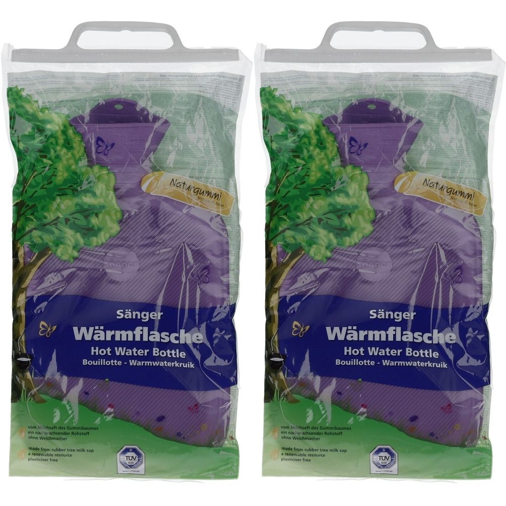 Deux bouillottes dans un emballage plastique. Inscription : Sänger Wärmflasche, Hot Water Bottle. Avec poignée. Caoutchouc naturel.