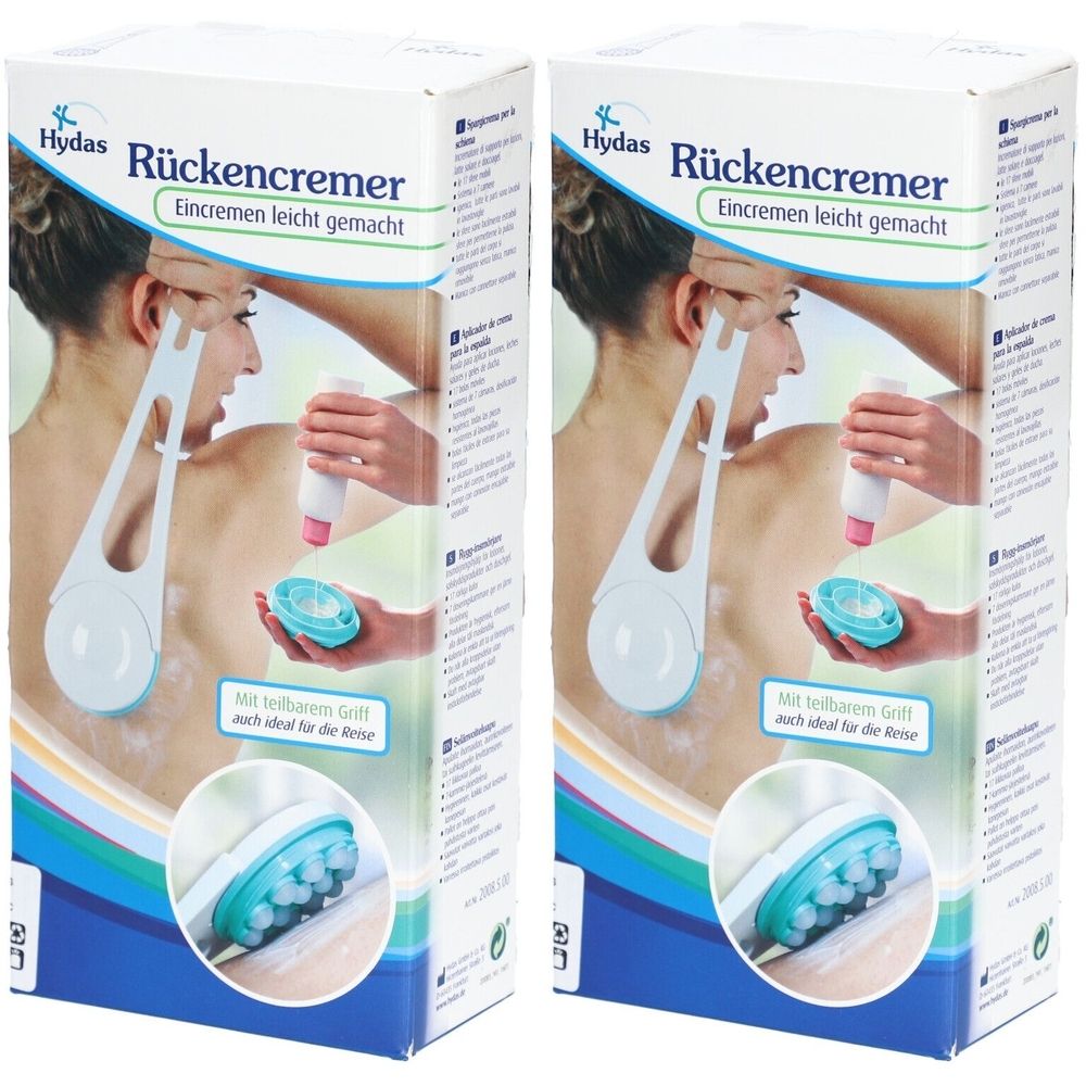 Twee productverpakkingen. Opdruk: Hydas Rückencremer, Eincremen leicht gemacht. Afgebeeld: vrouw die zich insmeert met de Rückencremer.