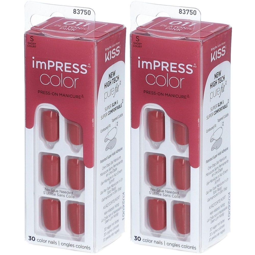 Deux boîtes de faux ongles roses Platonic Pink. Chaque boîte contient 30 ongles. Marque: imPRESS Color.