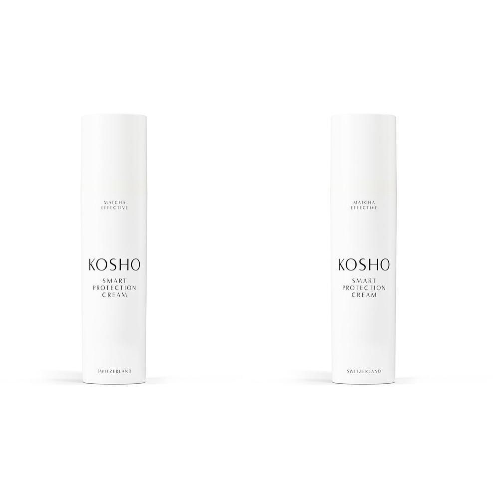 Twee witte flacons KOSHO Smart Protection Cream. Opschrift: KOSHO, Smart Protection Cream, Matcha, intuitive.