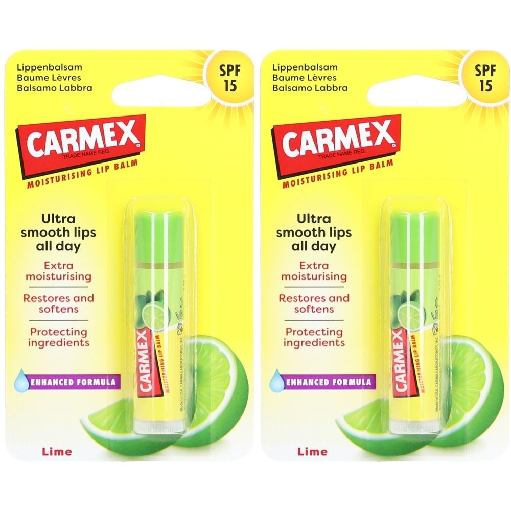 Deux baumes à lèvres CARMEX Limette SPF15. Emballage jaune avec nom du produit, description et illustration de citron vert.
