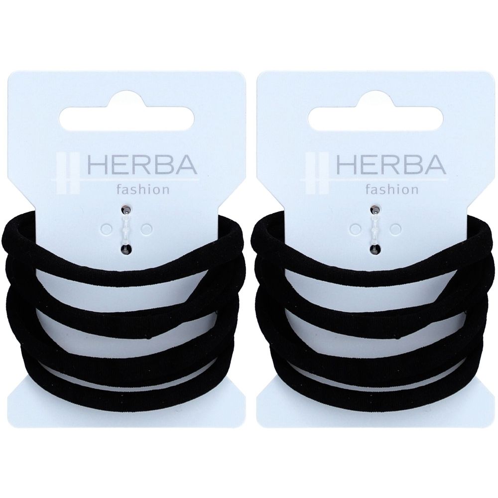 Twee verpakkingen zwarte haarbanden. Elke verpakking bevat meerdere elastiekjes. Op de verpakking staat "HERBA fashion".