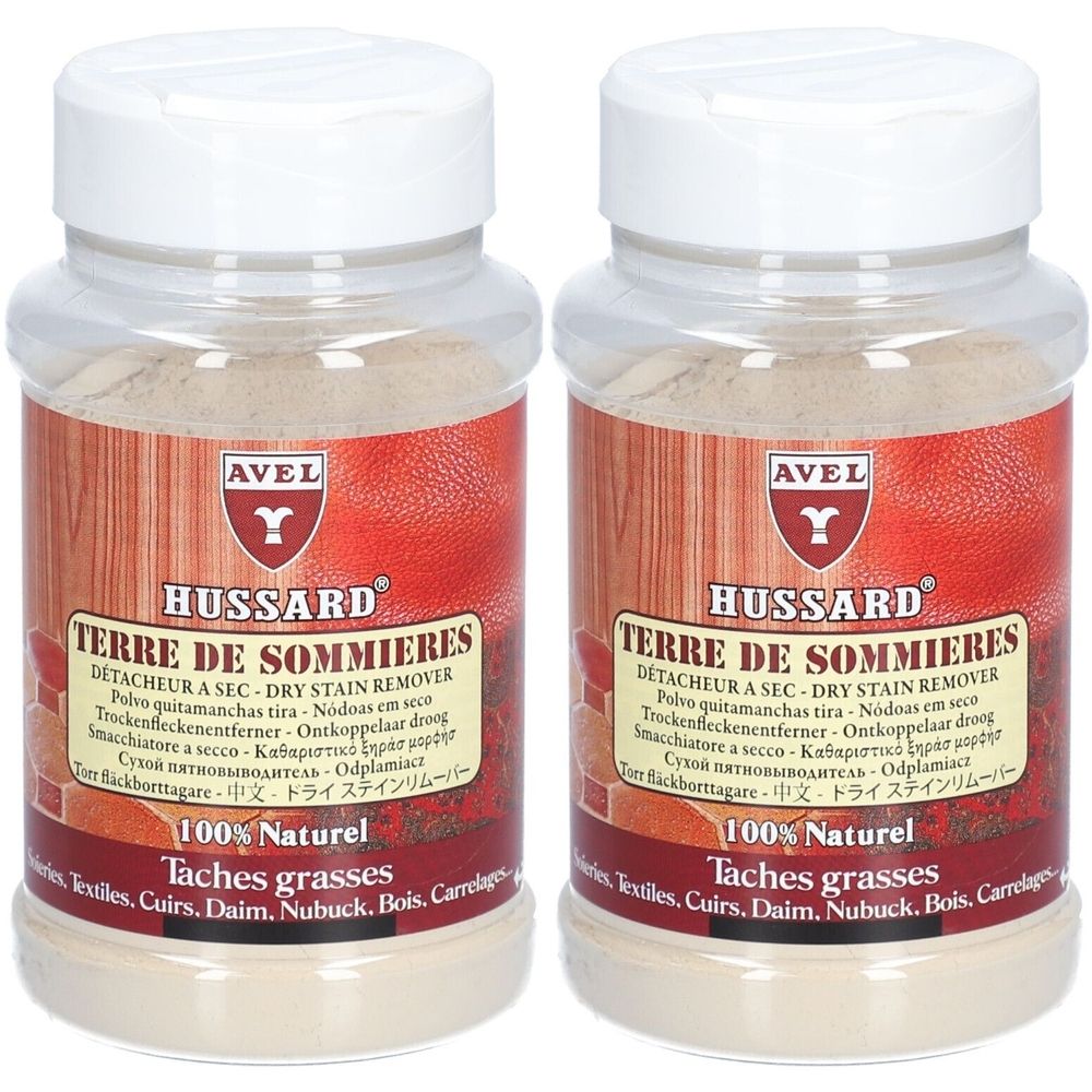 Deux pots transparents avec couvercles blancs. Inscription: Avel Terre de Sommières, détachant sec. 100% naturel. Contient de la poudre.
