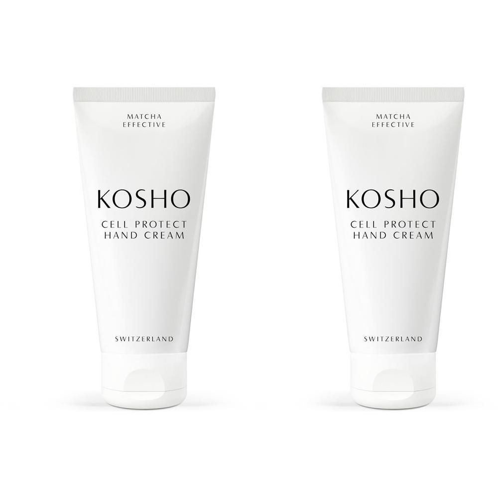 Twee witte tubes met KOSHO Cell Protect Hand Cream. Tekst: Matcha Effective, Switzerland.