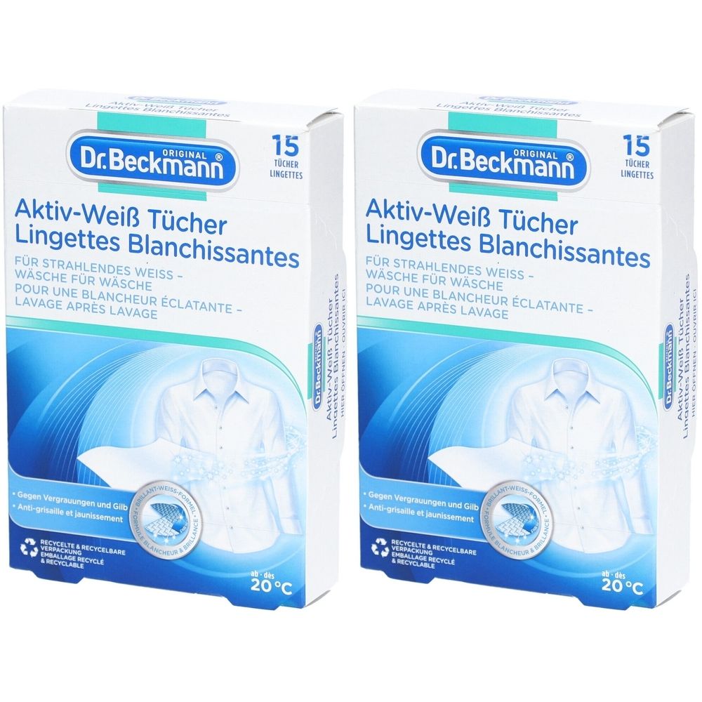 Twee dozen Dr. Beckmann Aktiv-Weiß Tücher. Opschrift in het Duits en Frans. 15 doekjes per verpakking. Temperatuurindicatie 20°C.