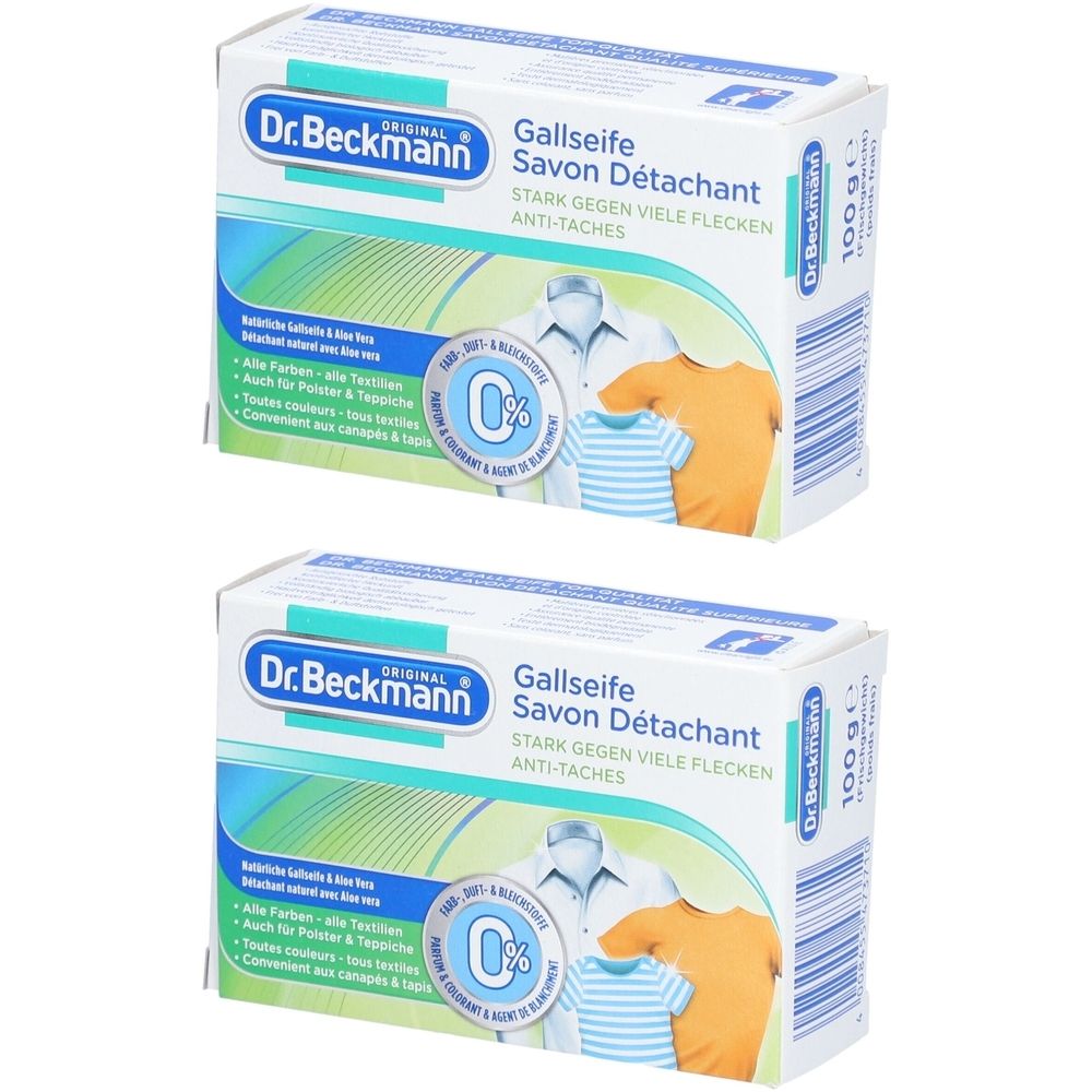 Deux boîtes de savon détachant. Inscription: Dr. Beckmann, Gallseife, Savon Détachant. Illustration de vêtements. 100g.
