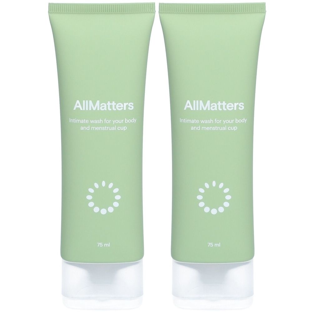 Twee groene tubes met witte doppen. Elke tube heeft de tekst "AllMatters" en "Intimate wash for your body and menstrual cup".