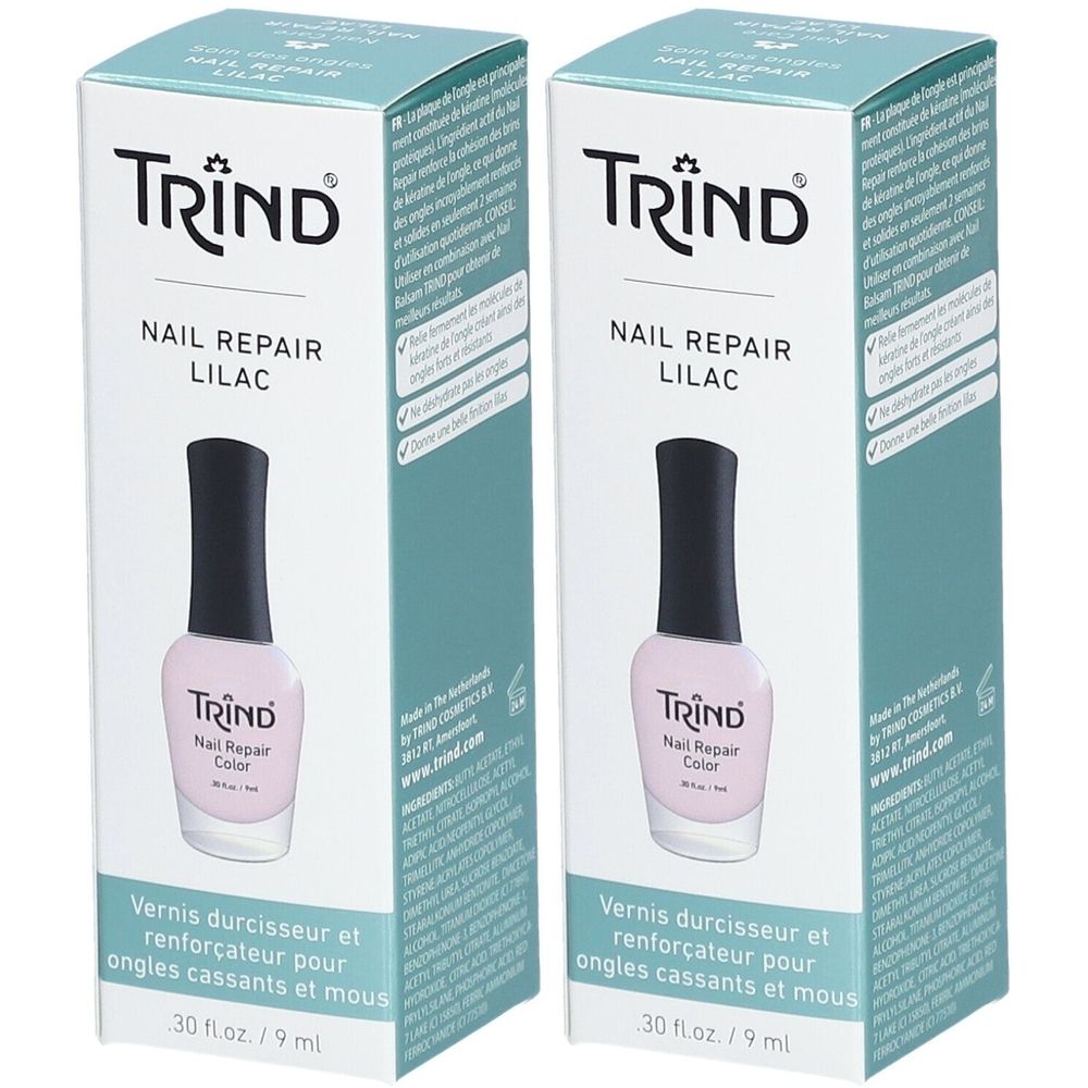 Deux boîtes de vernis à ongles TRIND Nail Repair Lilac. Flacons avec bouchon noir et contenu rose. Inscription: Vernis durcisseur.