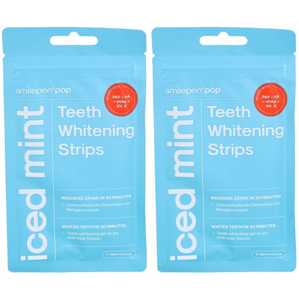 Twee verpakkingen SMILEPEN Pop Teeth Whitening Strips Iced Mint. Lichtblauwe verpakking met productnaam en opschrift 'Teeth Whitening Strips'.