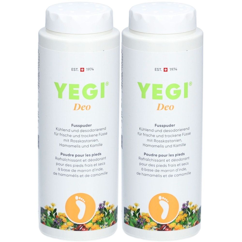 Twee witte flessen YEGI Deo Fusspuder. Groene tekst, Zwitsers kruis. Tekst: Koelt, deodoriseert, voor frisse voeten. Voetsymbool.