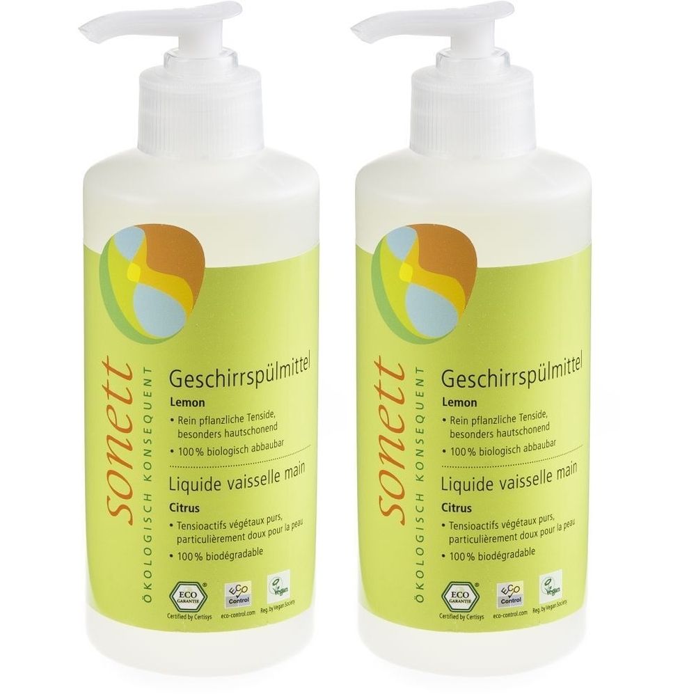 Twee flessen afwasmiddel met dispenser. Opschrift: sonett, Geschirrspülmittel Zitrone, 100% biologisch afbreekbaar. Met eco-label.