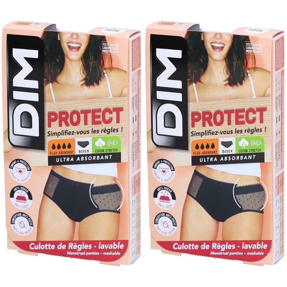 Deux boîtes de culottes menstruelles DIM Protect. Boxer noir en dentelle, ultra absorbant. Mention coton bio.