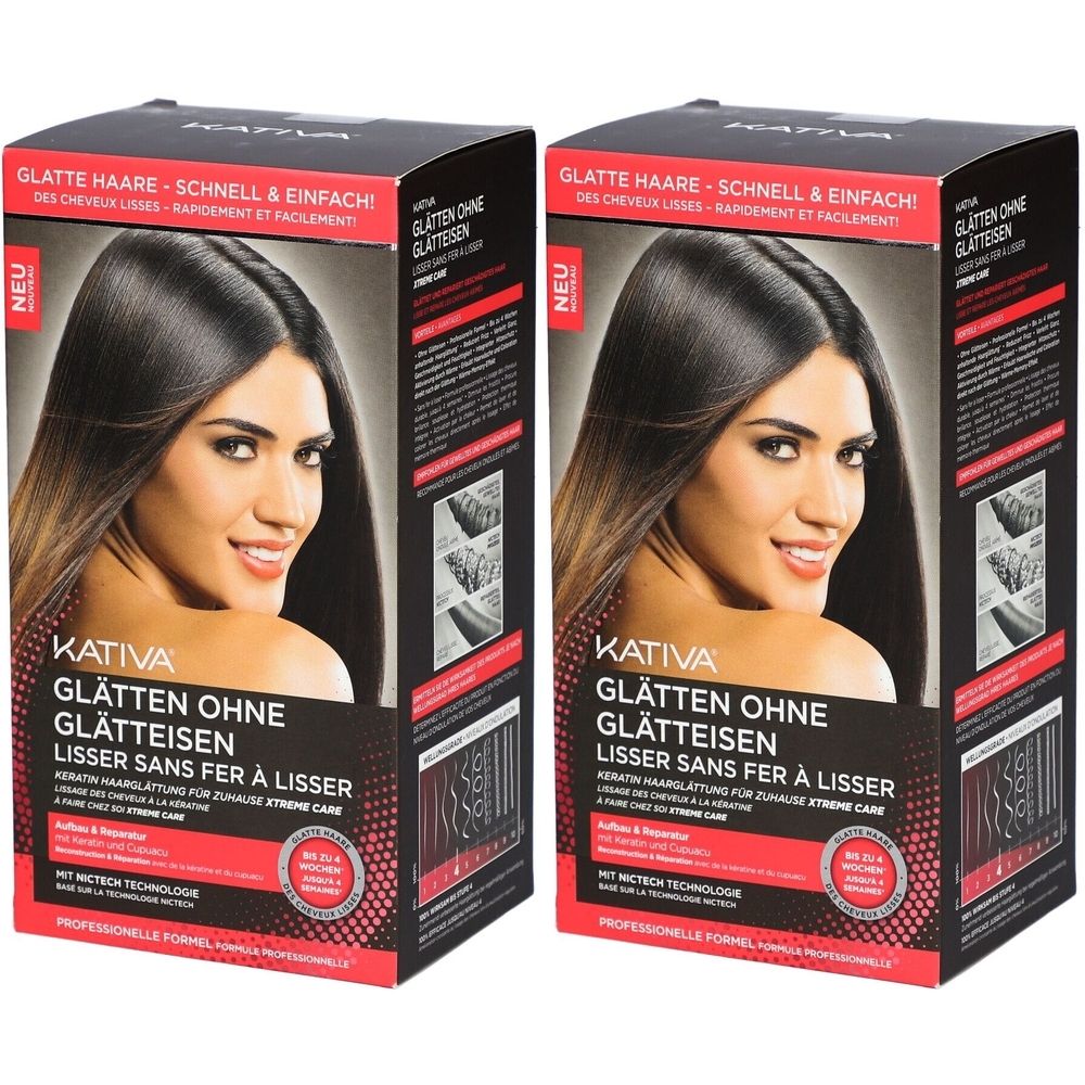 Deux boîtes de Kativa Lisser sans fer à lisser. Inscription : cheveux lisses, rapide et facile. Une femme aux cheveux lisses est représentée.