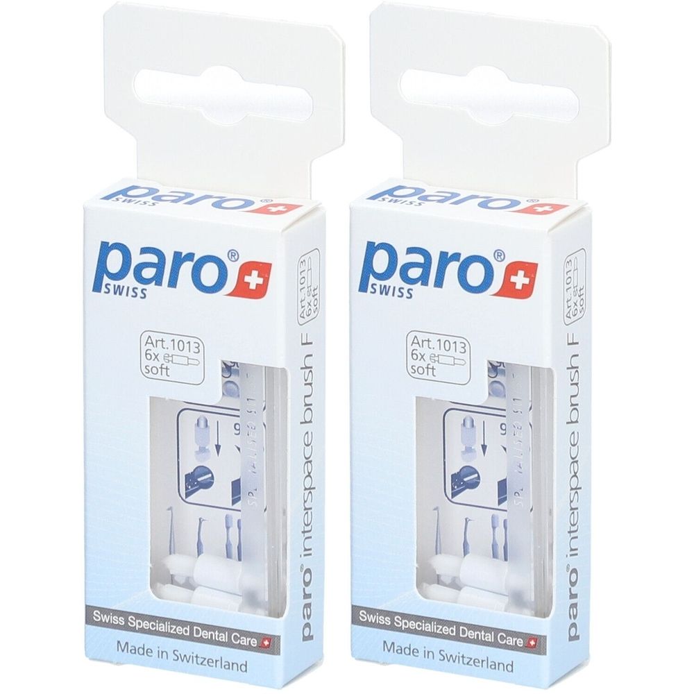 Twee verpakkingen paro® interspace brush F. Witte dozen met productafbeelding en merklogo. Gemaakt in Zwitserland.