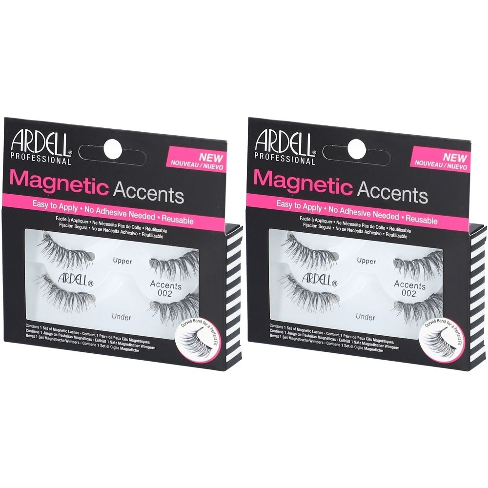 Deux boîtes de faux cils Ardell Magnetic Accents. Emballage noir avec accents roses. Étiquette "Nouveau".